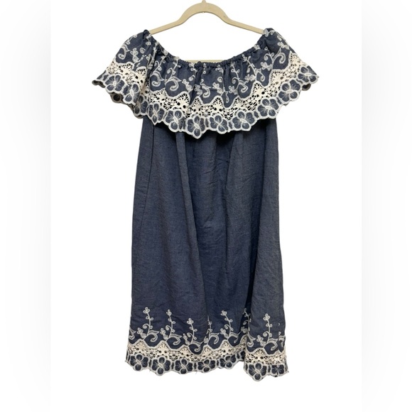 Denim Chambray Embroidered Off Shoulder Dress - Picture 2 of 5
